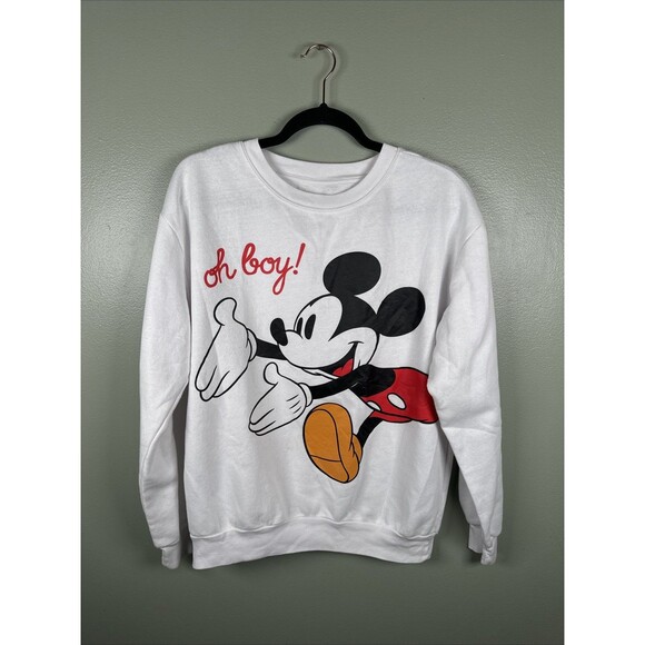 Disney Mickey Mouse "OH BOY" White Sweatshirt (small Stains) Juniors‎ Sz Large - Picture 1 of 9